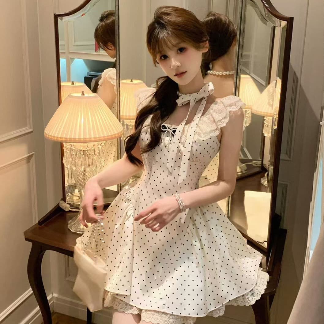 달콤한 동물의 젊은 작은 사슴 푸 푸 달 있음 소매 섹션 miu 부서 도트 무늬 살구 색상 여성 드레스 천 금빛 바람 허리 수축 치마 이미지 5