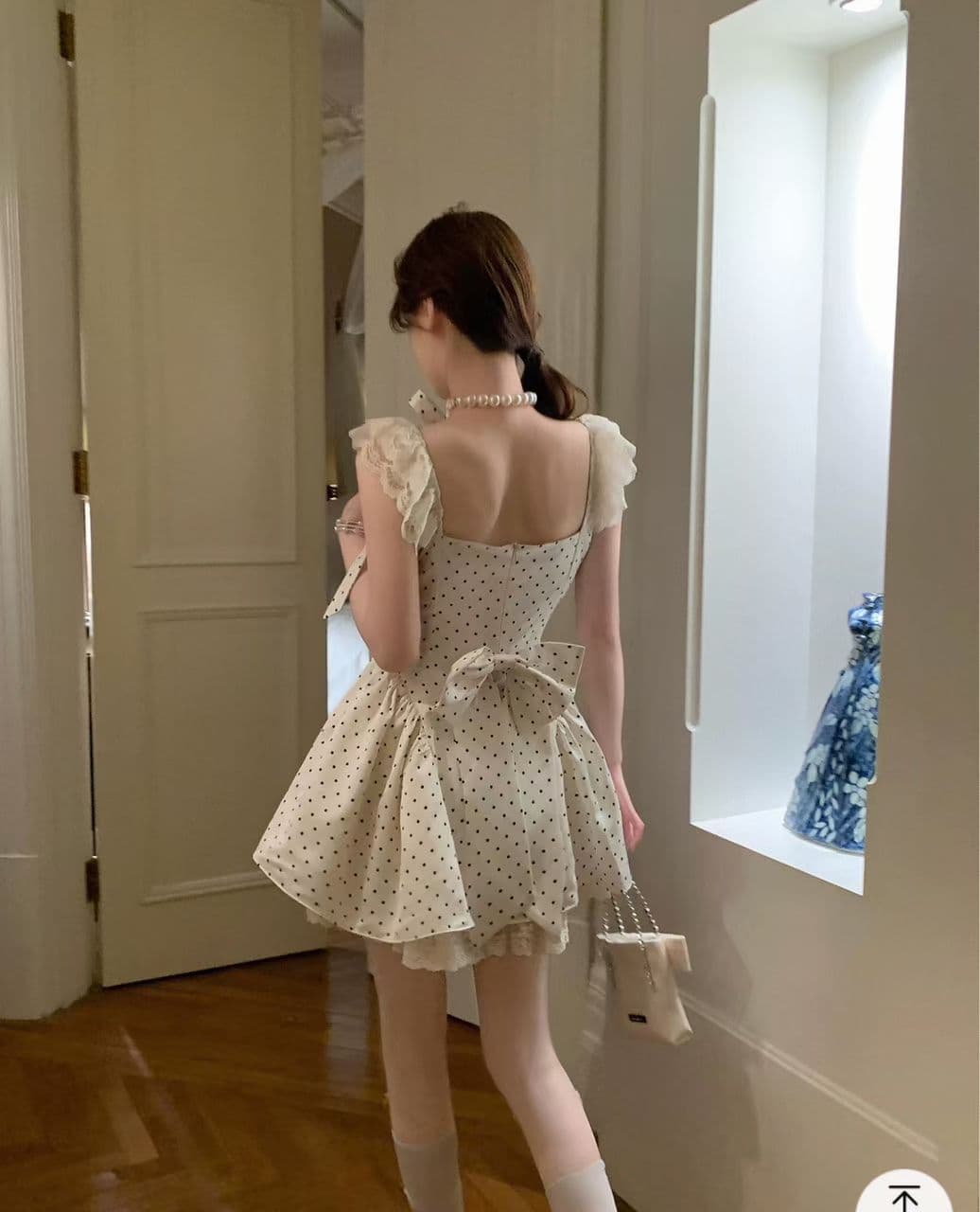 달콤한 동물의 젊은 작은 사슴 푸 푸 달 있음 소매 섹션 miu 부서 도트 무늬 살구 색상 여성 드레스 천 금빛 바람 허리 수축 치마 상세 이미지 2
