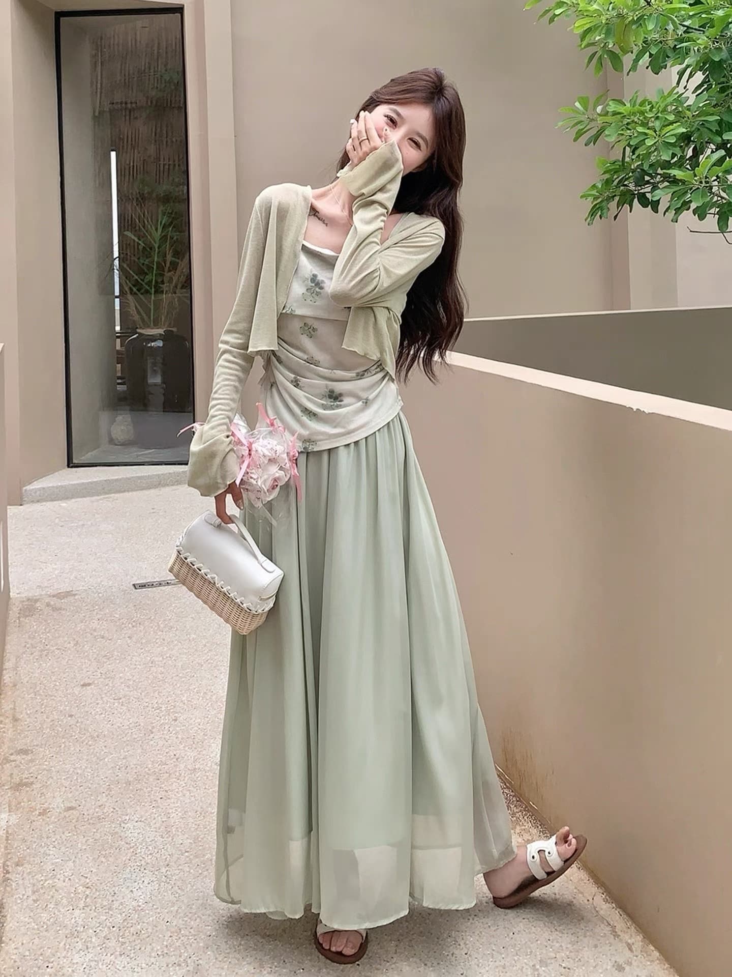 녹색 긴팔 불규칙 드레스 아이들 봄 가을 2026 년 새로운 여름 디자인 센스 2 ~ 3 개 세트 로드 중 이미지 3