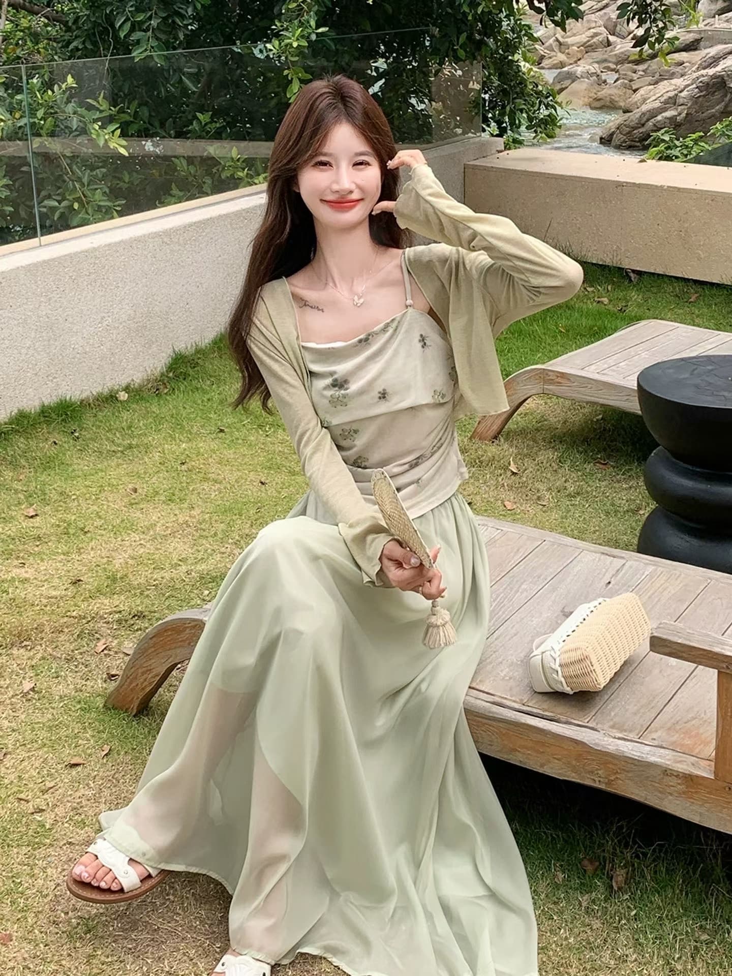 녹색 긴팔 불규칙 드레스 아이들 봄 가을 2026 년 새로운 여름 디자인 센스 2 ~ 3 개 세트 로드 중 이미지 4