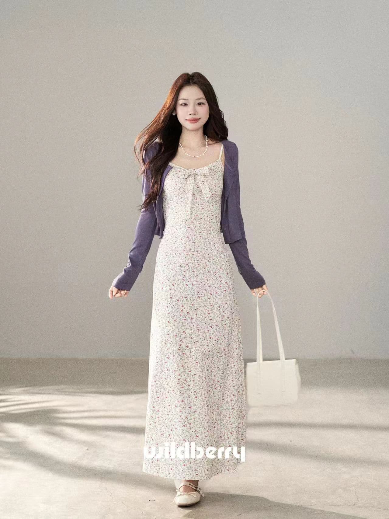 새로운 한국 스타일 패션 몸매 가꾸기 니트 스웨터 레트로 펌프 로프 V넥 꽃무늬 색상 슬립 치마 세트 이미지 4