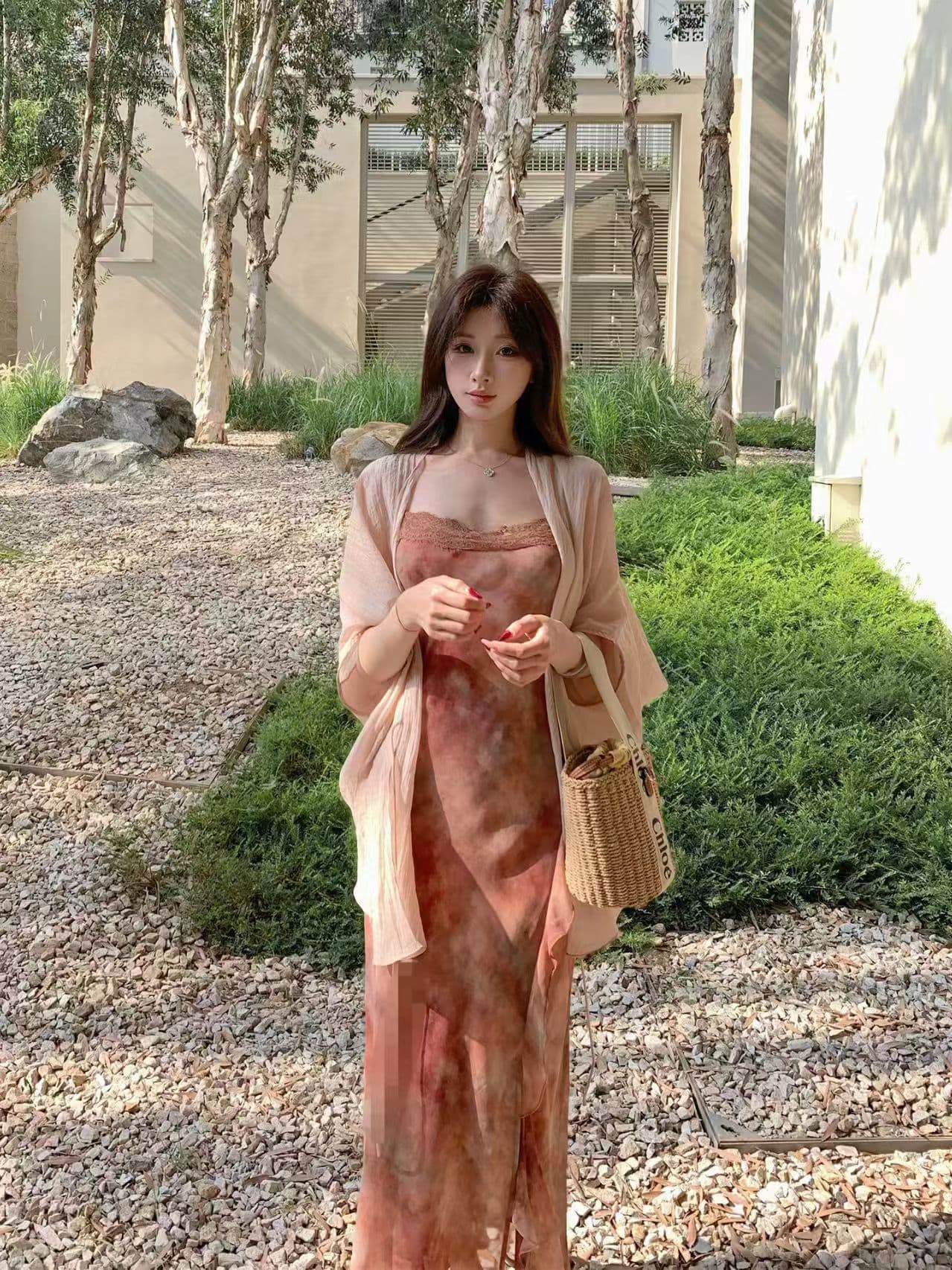 한 부서 새로운 고급 세트 염색 프린트 슬립 품격 슈퍼 요정 휴가 바람 드레스 숄 투피스 세트 상세 이미지 5