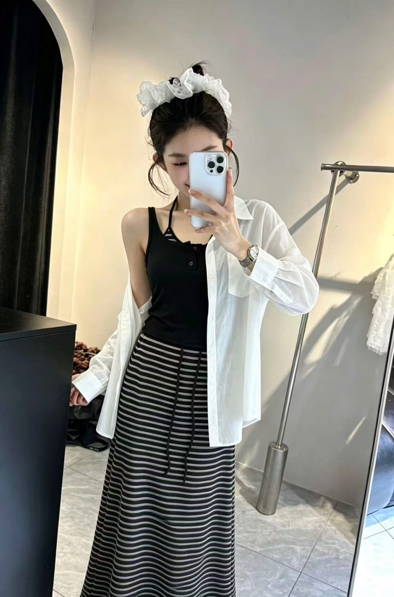 새로운 한국 스타일 루즈핏 다용도 자외선 차단 셔츠 스트라이프 슬립 허리밴드 와이드 레그 팬츠 3종 세트 이미지 3