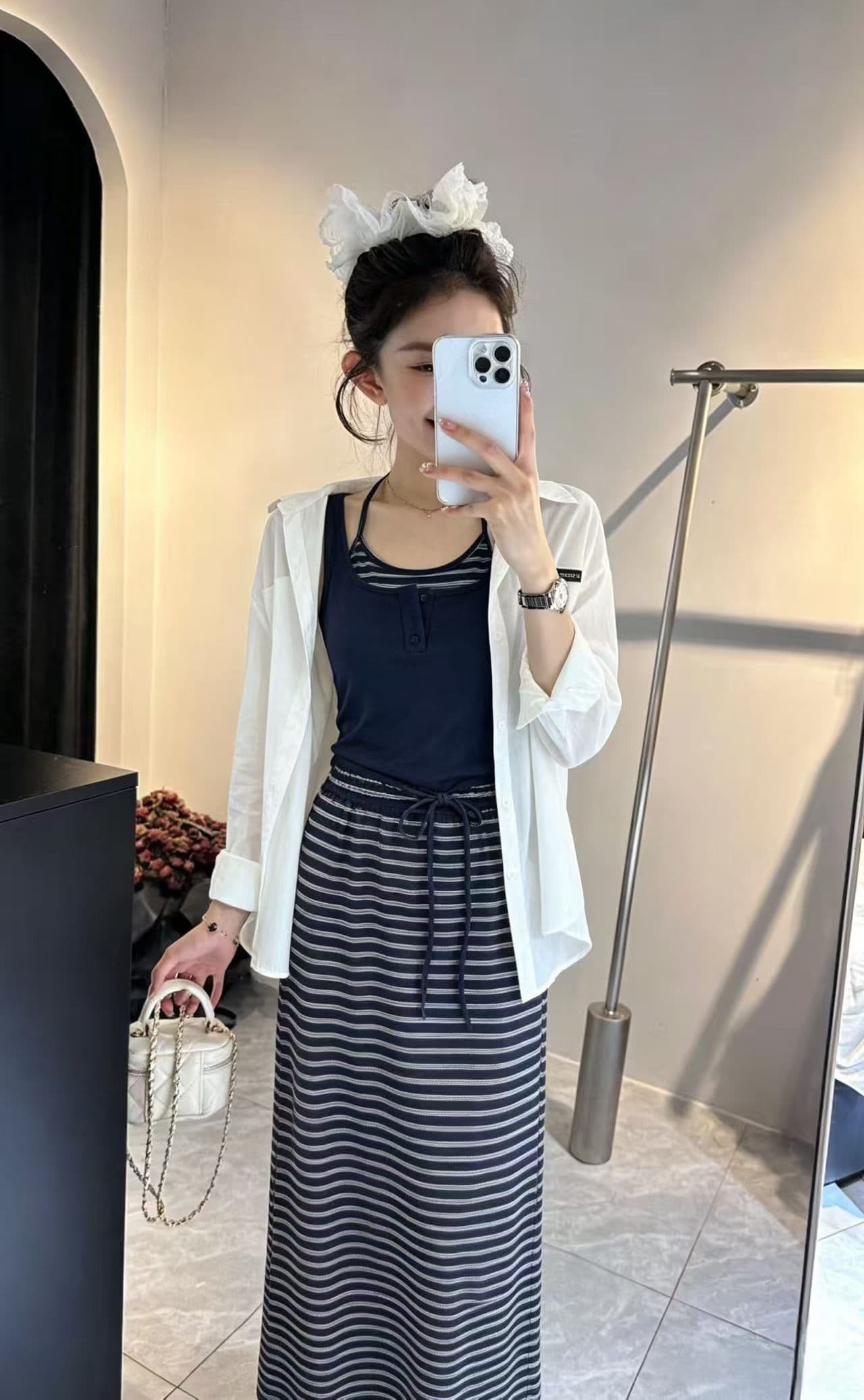 새로운 한국 스타일 루즈핏 다용도 자외선 차단 셔츠 스트라이프 슬립 허리밴드 와이드 레그 팬츠 3종 세트 이미지 2