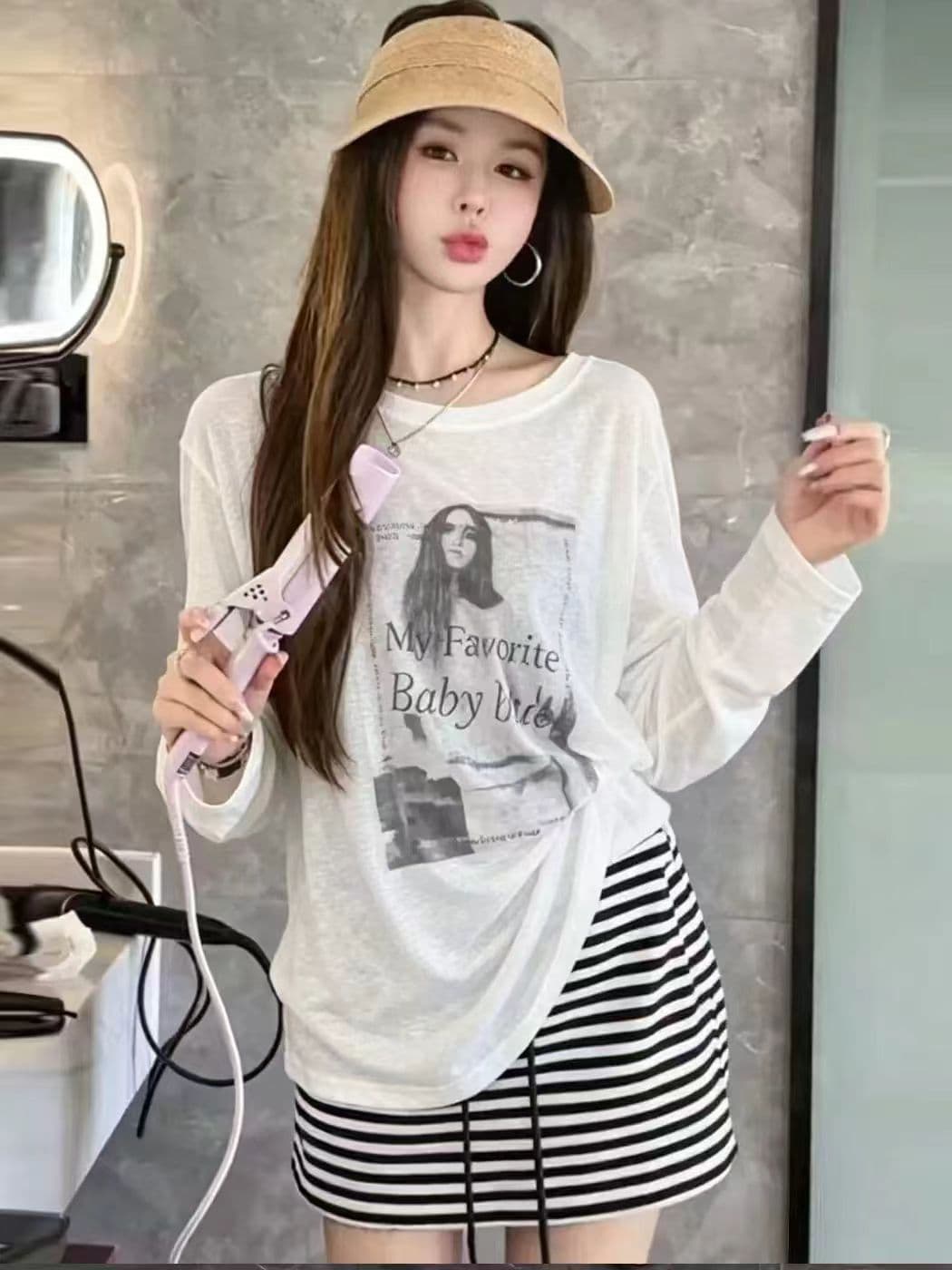 한 부서 캐주얼 느긋한 바람 루즈핏 긴팔 프린트 오프숄더 맨위 허리밴드 스트라이프 반신 스커트 투피스 세트 상세 이미지 3