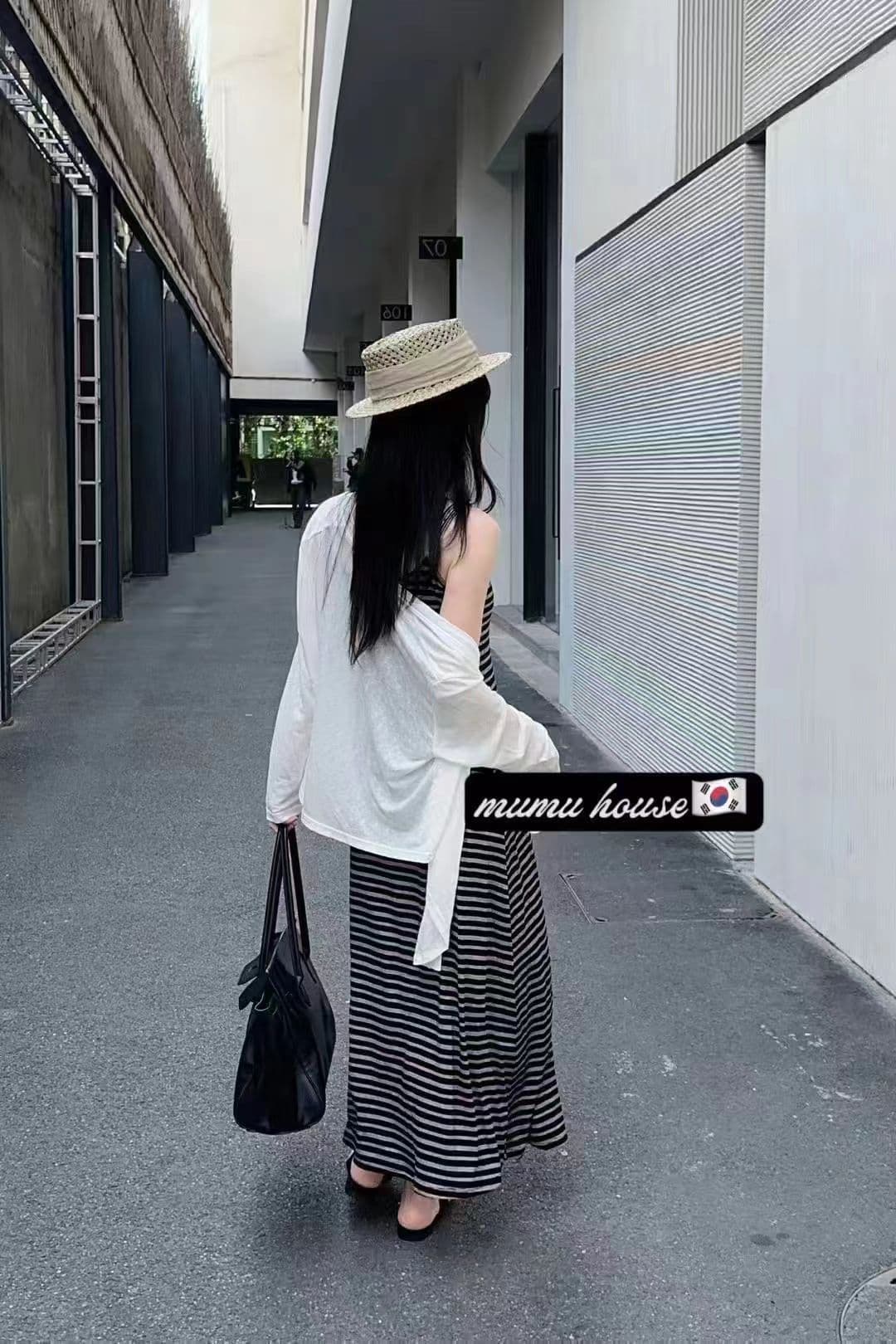 새로운 한 부서 패션 느슨함 센스 다용도 자외선 차단 의류 스트라이프 슬립 드레스 투피스 세트 상세 이미지 5
