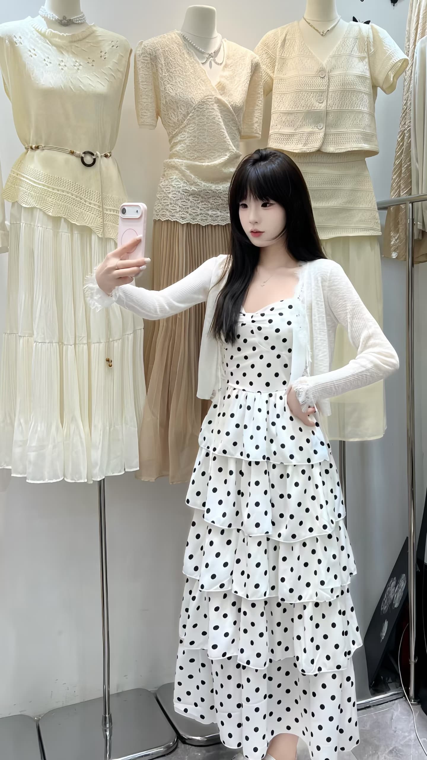새로운 프랑스식 달콤함 허리 수축 품격 슬립 휴가 부드러운 도트 무늬 드레스 외부 피 투피스 세트 상세 이미지 3