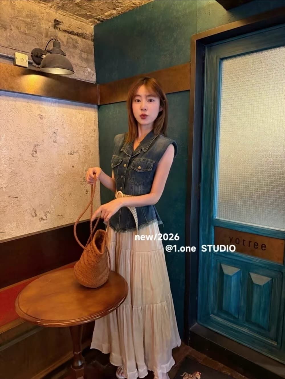 항구 바람 레트로 스타일 착용 가져 가라. 여름 디자인 센스 허리 수축 데님 베스트 우아한 망사 케이크 롱 스커트 두 조각 상세 이미지 2