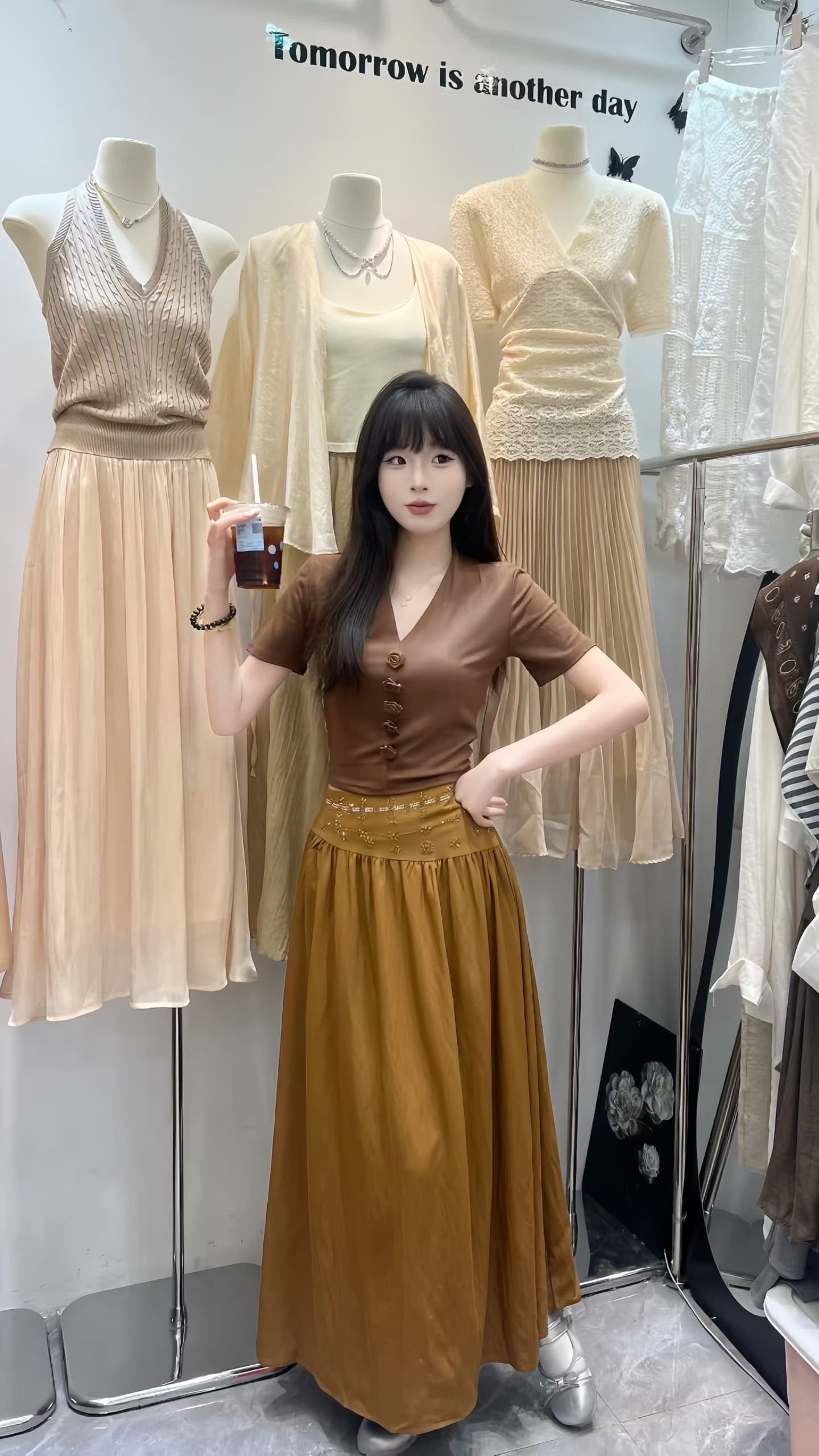 새로운 패션 레트로 쇼트 스타일 3 차원 꽃 V넥 반팔 티셔츠 하이웨이스트 핫픽스 반신 치마 세트 상세 이미지 1