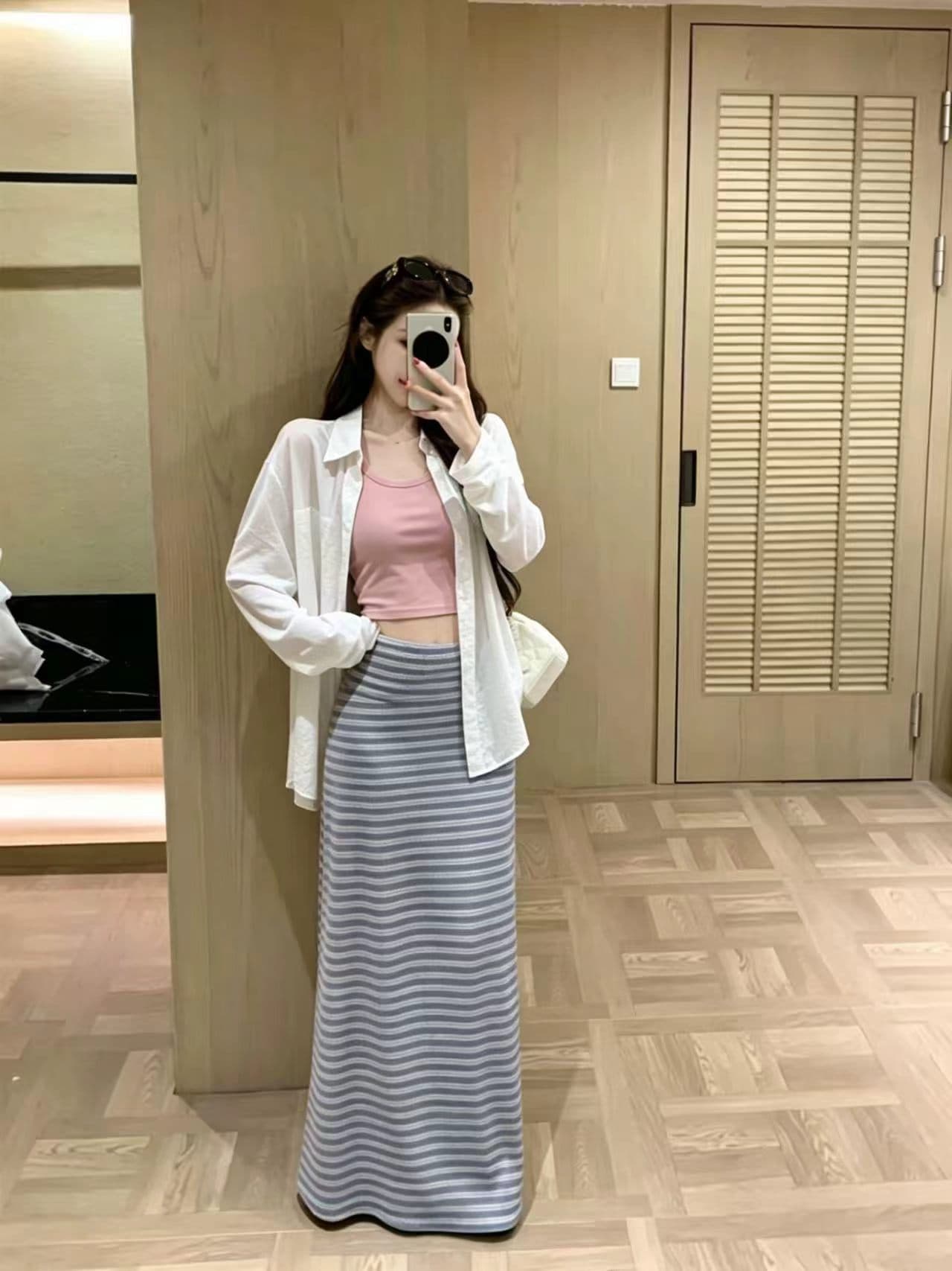 새로운 순수한 욕망 바람 섹시함 캐미솔 외부 피 배색 스트라이프 반신 스커트 핫걸 3종 세트 상세 이미지 2