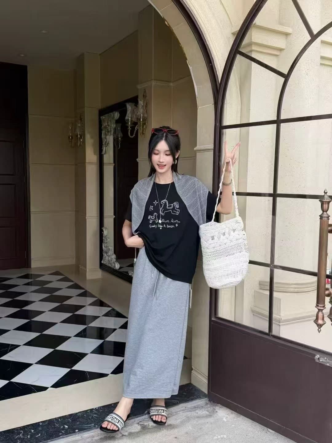 여름 한 부서 캐주얼 루즈핏 느긋한 바람 작은 말 프린트 반팔 경기 숄 반신 치마 세트