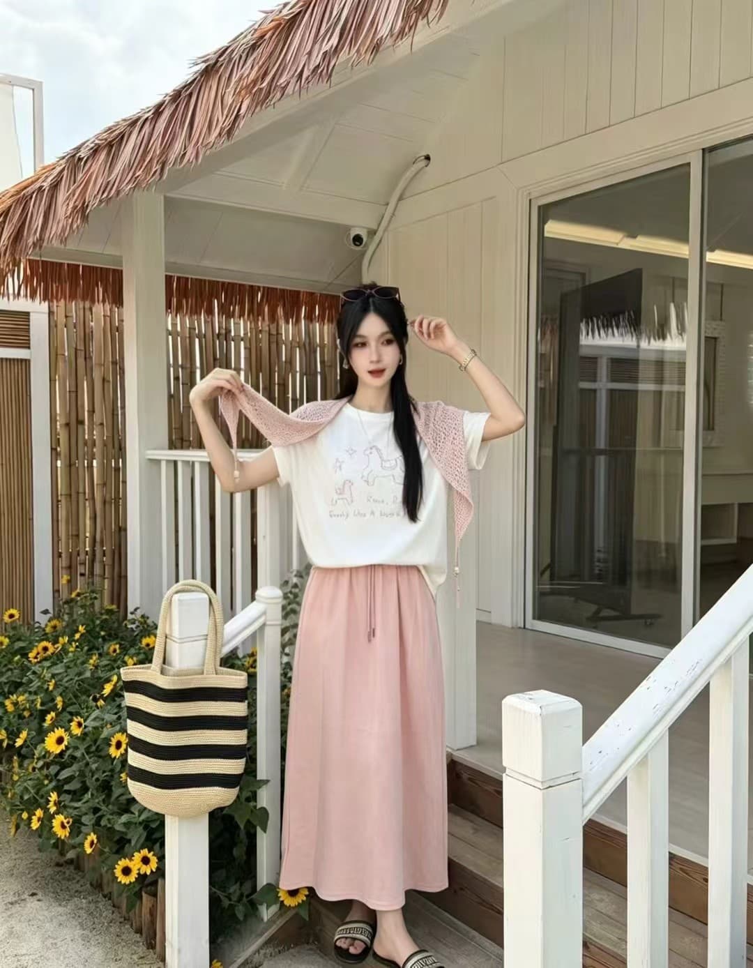 여름 한 부서 캐주얼 루즈핏 느긋한 바람 작은 말 프린트 반팔 경기 숄 반신 치마 세트 상세 이미지 3