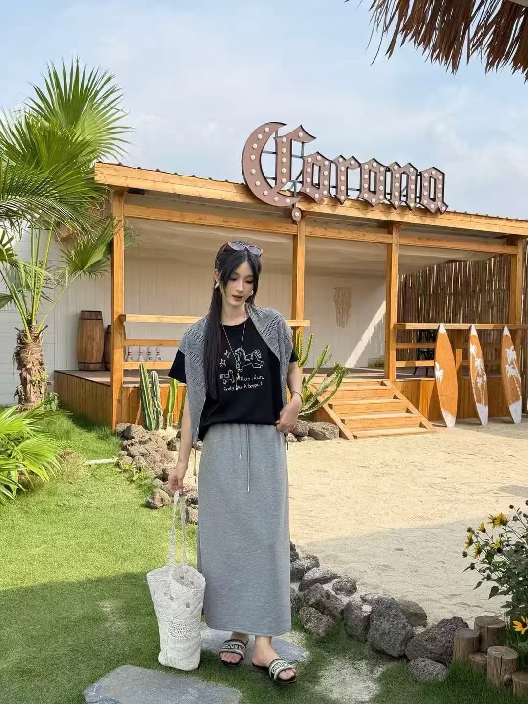 여름 한 부서 캐주얼 루즈핏 느긋한 바람 작은 말 프린트 반팔 경기 숄 반신 치마 세트 상세 이미지 16