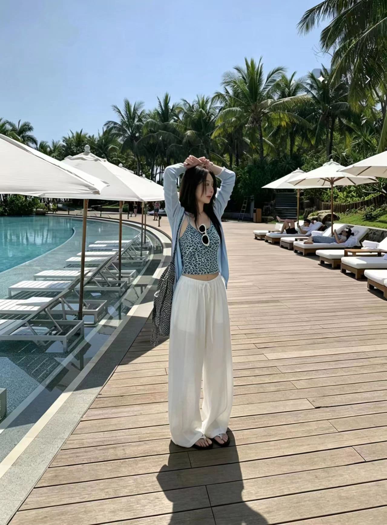 여름 새로운 여성 의류 패션 레오파드 무늬 캐미솔 오픈 가디건 자외선 차단 와이드 레그 팬츠 3종 세트 휴가 바람 잘 생긴 상세 이미지 3