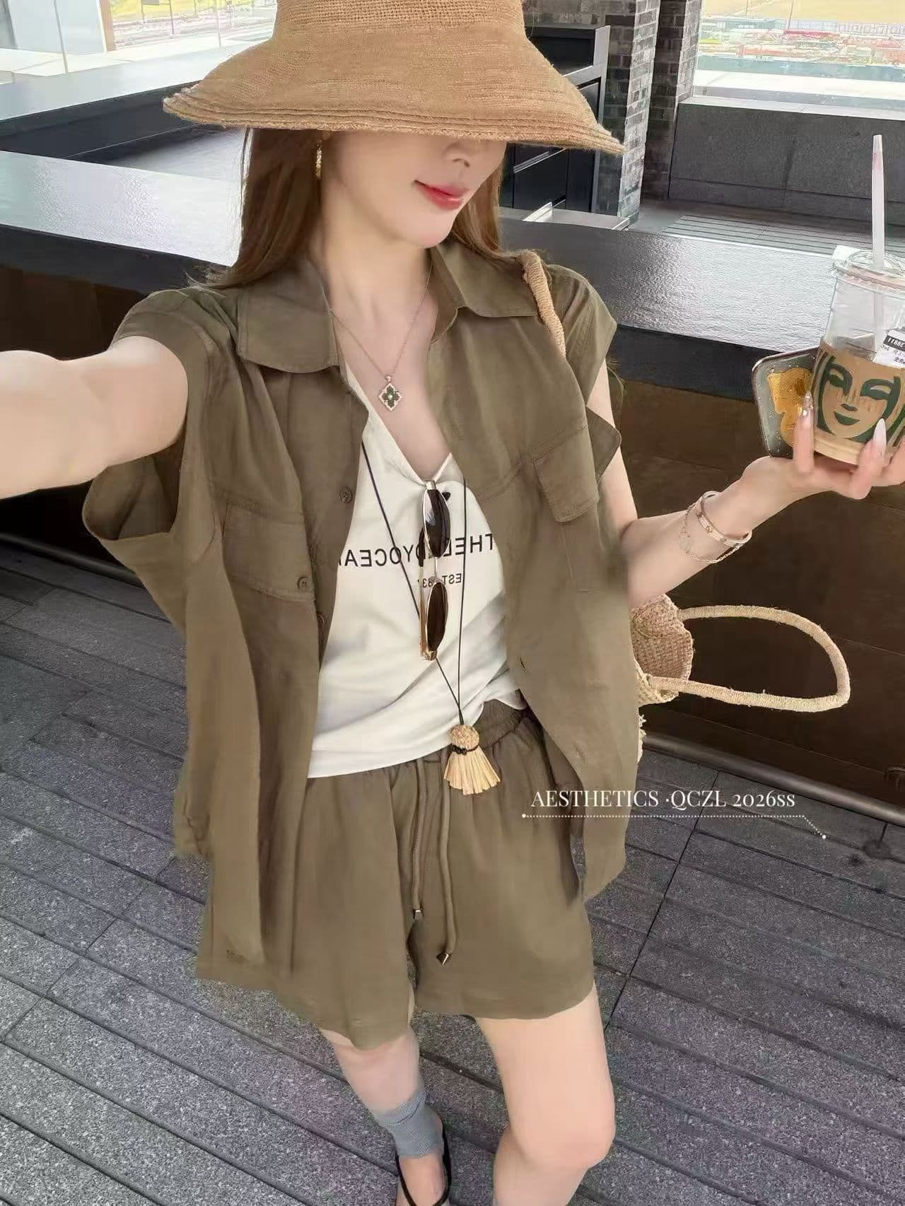 빛 요리 한 미니멀리즘 바람 반팔 셔츠 아마 세트 여성 여름 새로운 느슨함 센스 루즈핏 슬림해 보이는 반바지 3종 세트 이미지 3