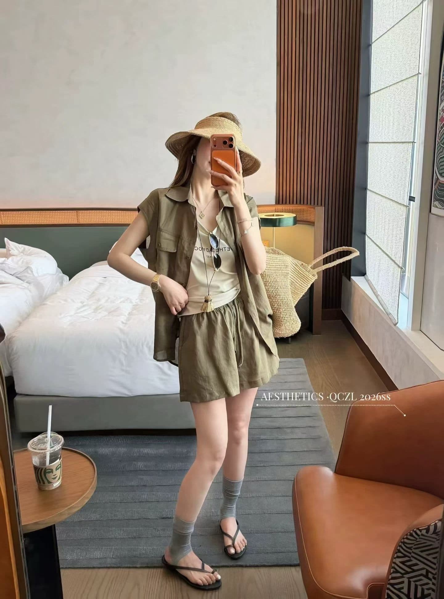 빛 요리 한 미니멀리즘 바람 반팔 셔츠 아마 세트 여성 여름 새로운 느슨함 센스 루즈핏 슬림해 보이는 반바지 3종 세트 상세 이미지 2