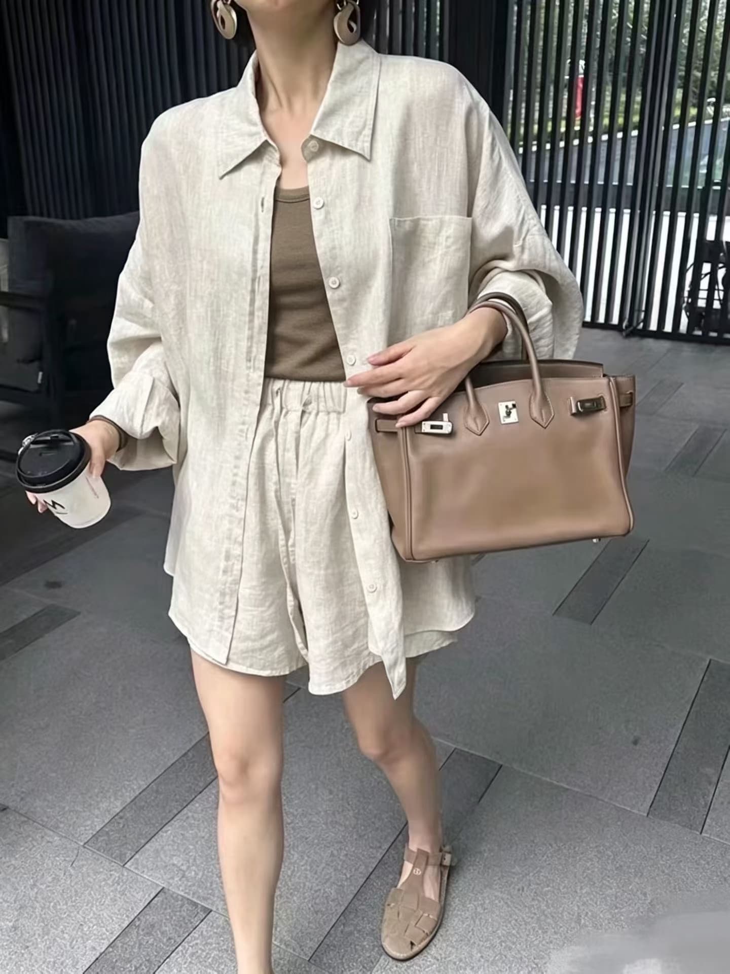 캐주얼 작은 대중 세트 POLO 칼라 반팔 여성 셔츠 캐미솔 여름 와이드 레그 팬츠 한 부서 착용 가져 가라. 3종 세트