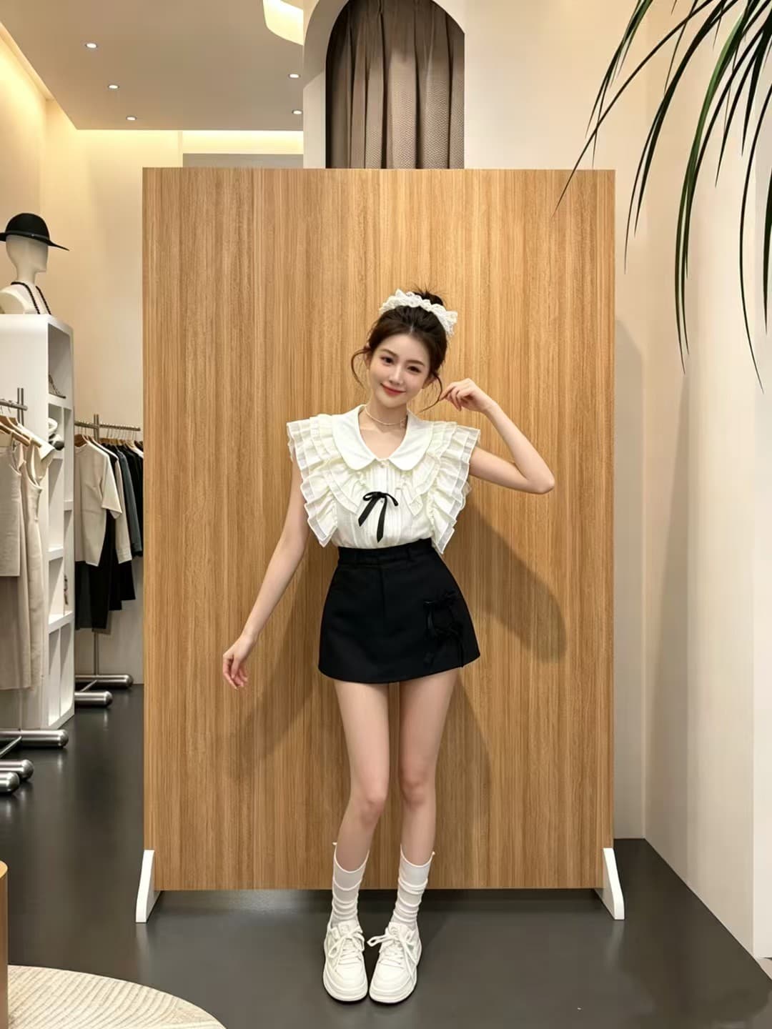 학원 스타일 세트 여성 달콤함 버블 반팔 스트라이프 셔츠 검정색 한 마디 플리츠 스커트 투피스 세트 이미지 2