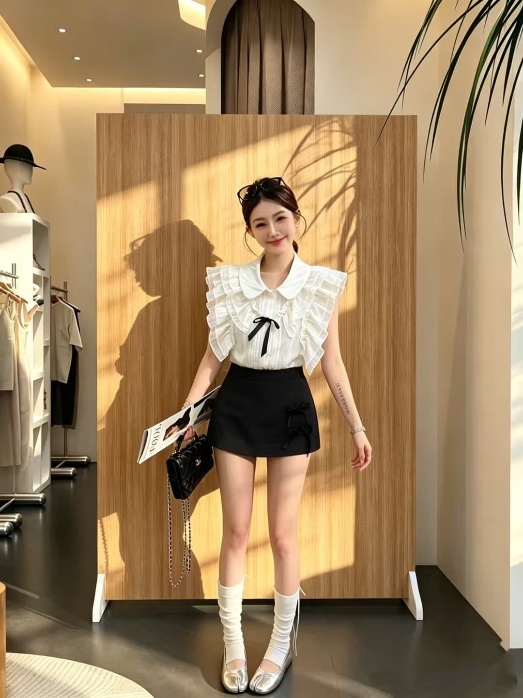 학원 스타일 세트 여성 달콤함 버블 반팔 스트라이프 셔츠 검정색 한 마디 플리츠 스커트 투피스 세트