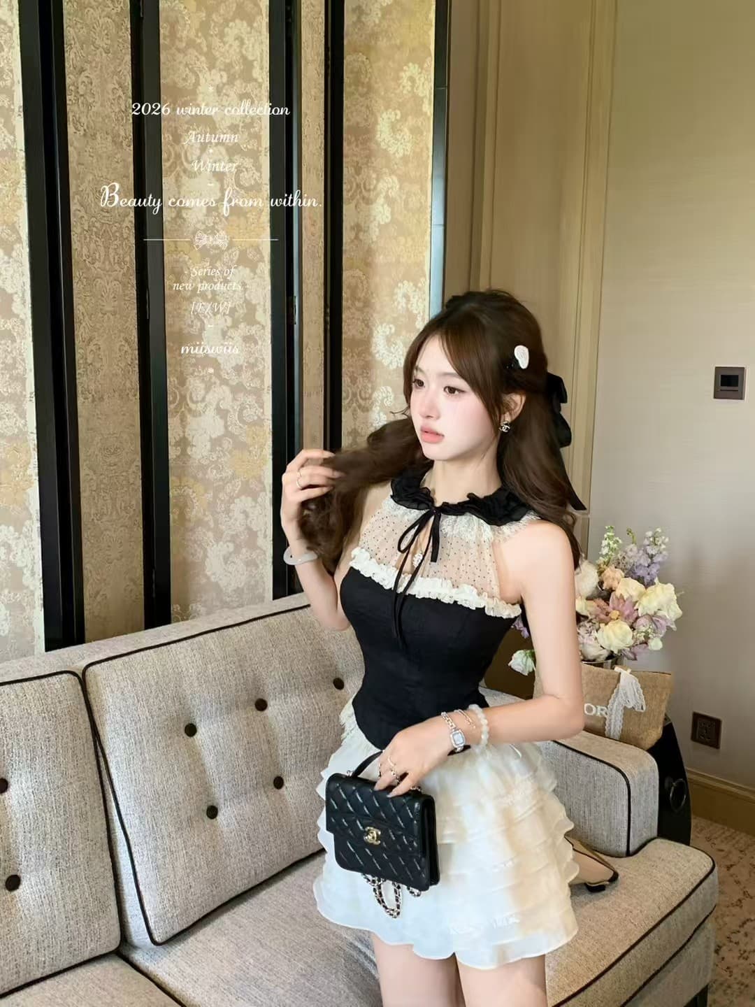 프랑스식 중 고풍 무거운 작업 도트 무늬 조끼 여성 여름 망사 패치워크 센스 슬림해 보이는 짧은 맨위 반신 스커트 투피스 세트 상세 이미지 5