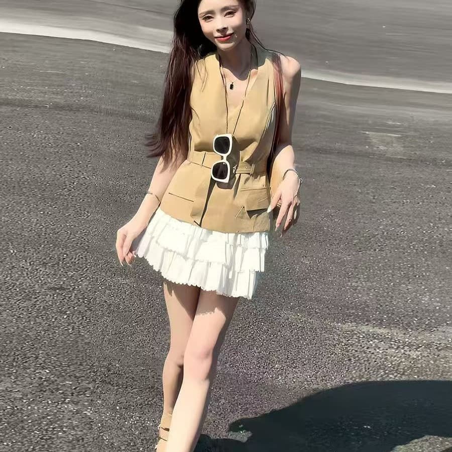 여름 새로운 패션 캐주얼 외국 가스 레이스업 허리 수축 슬림해 보이는 민소매 맨위 반신 치마 세트 이미지 5