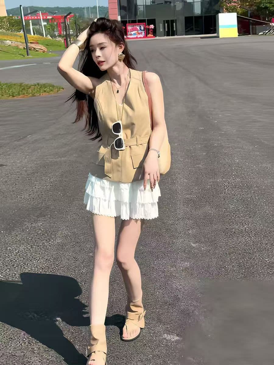 여름 새로운 패션 캐주얼 외국 가스 레이스업 허리 수축 슬림해 보이는 민소매 맨위 반신 치마 세트 상세 이미지 2