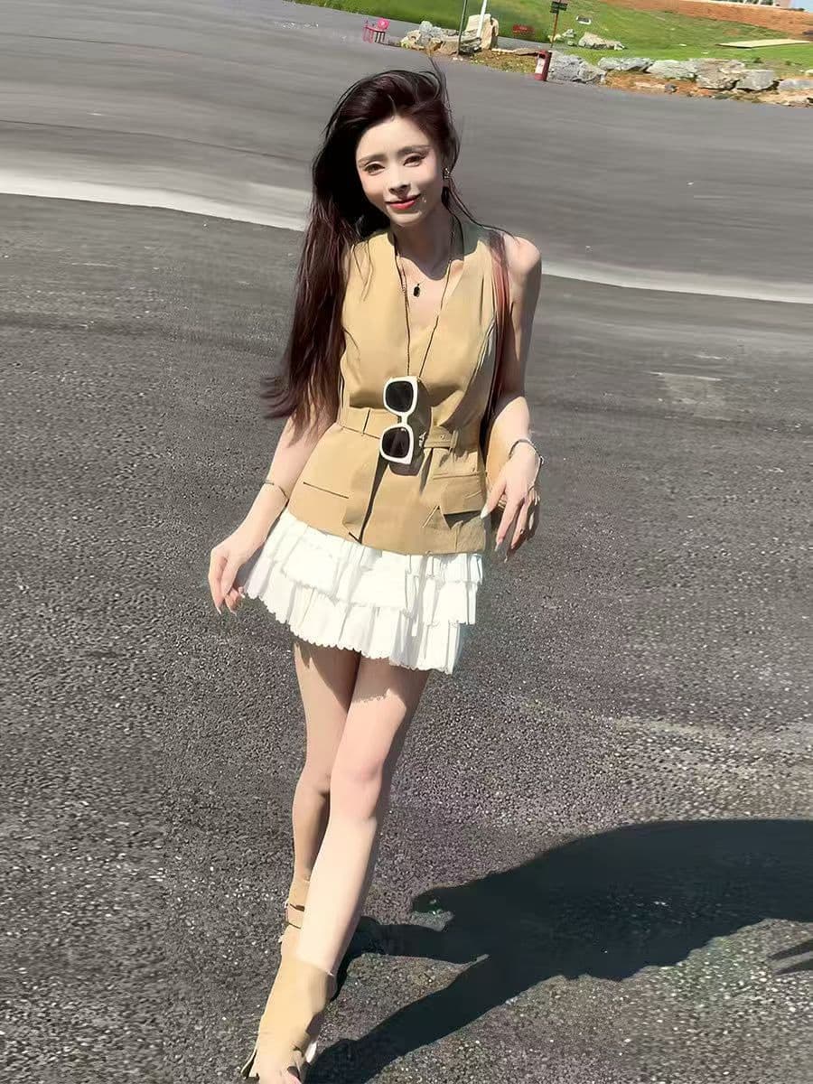 여름 새로운 패션 캐주얼 외국 가스 레이스업 허리 수축 슬림해 보이는 민소매 맨위 반신 치마 세트 상세 이미지 3