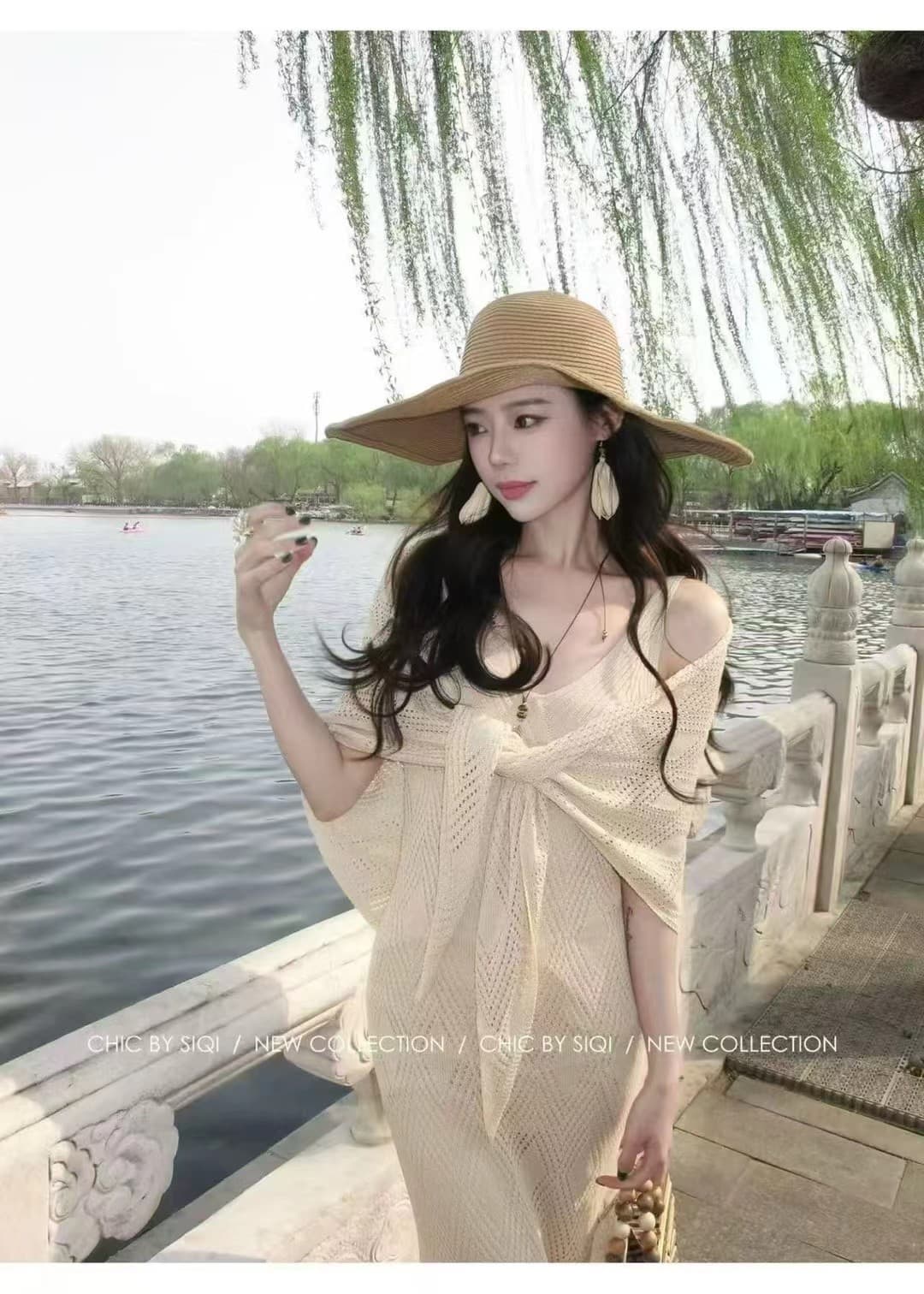 순수한 욕망 바람 프랑스식 홀로우 아웃 슬립 드레스 봄 여름 부드러운 느긋한 품격 숄 롱 스커트 세트 상세 이미지 5