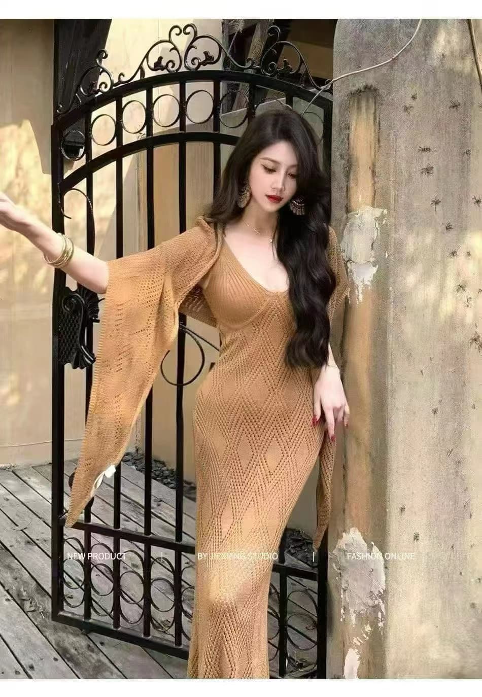 순수한 욕망 바람 프랑스식 홀로우 아웃 슬립 드레스 봄 여름 부드러운 느긋한 품격 숄 롱 스커트 세트 상세 이미지 6