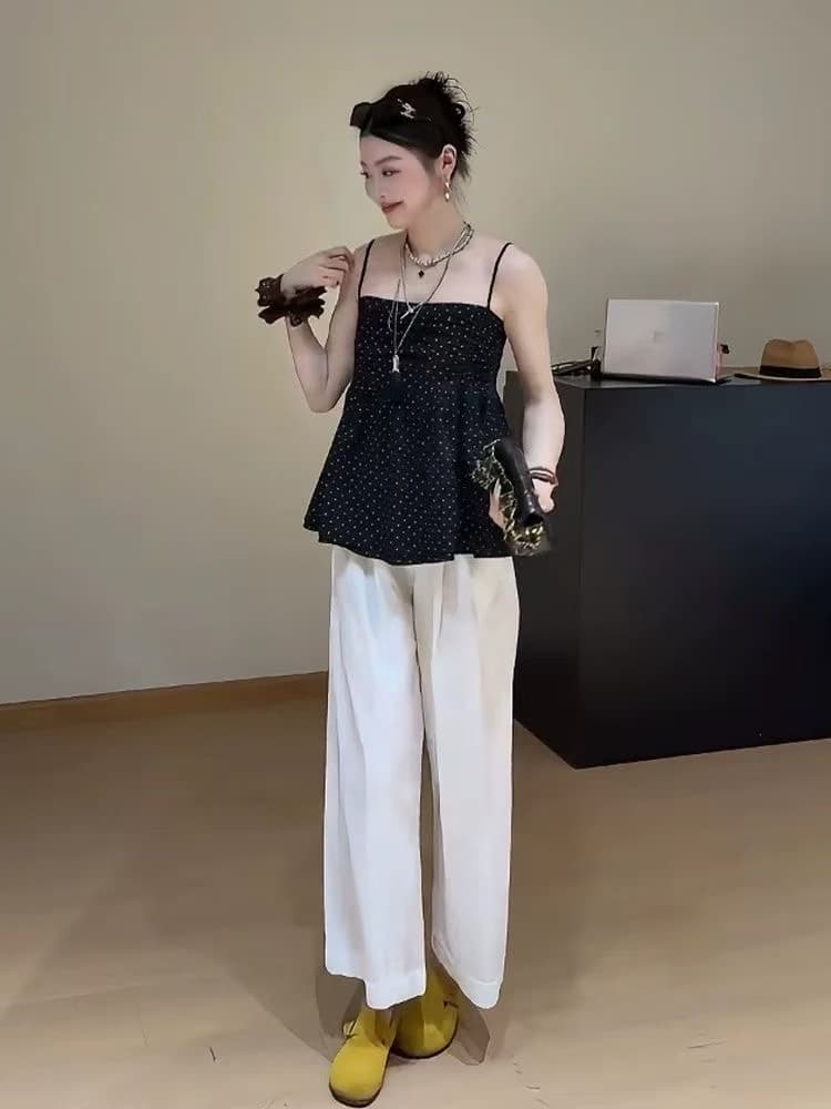 프랑스식 레트로 주름 허리 수축 민소매 도트 무늬 조끼 여성 2026 여름 새로운 캐주얼 바지 투피스 세트 이미지 4