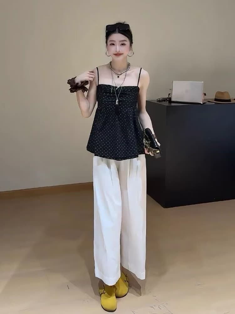 프랑스식 레트로 주름 허리 수축 민소매 도트 무늬 조끼 여성 2026 여름 새로운 캐주얼 바지 투피스 세트