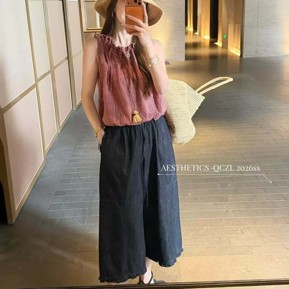 레트로 스타일 체크무늬 민소매 조끼 여성 셔츠 여름 새로운 다용도 작은 셔츠 캐주얼 바지 투피스 세트 이미지 5