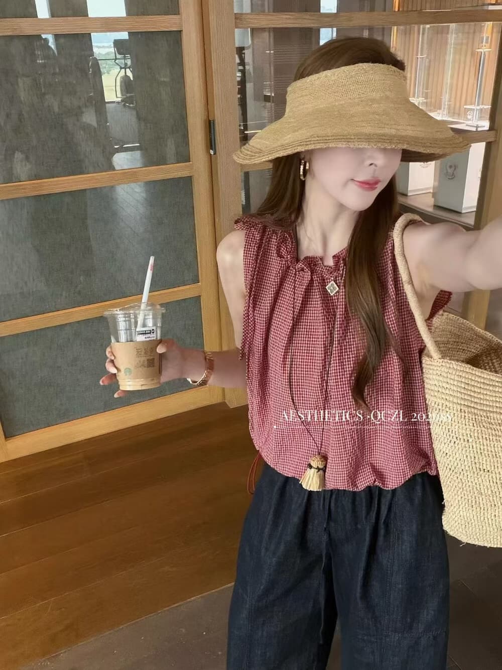 레트로 스타일 체크무늬 민소매 조끼 여성 셔츠 여름 새로운 다용도 작은 셔츠 캐주얼 바지 투피스 세트 상세 이미지 5