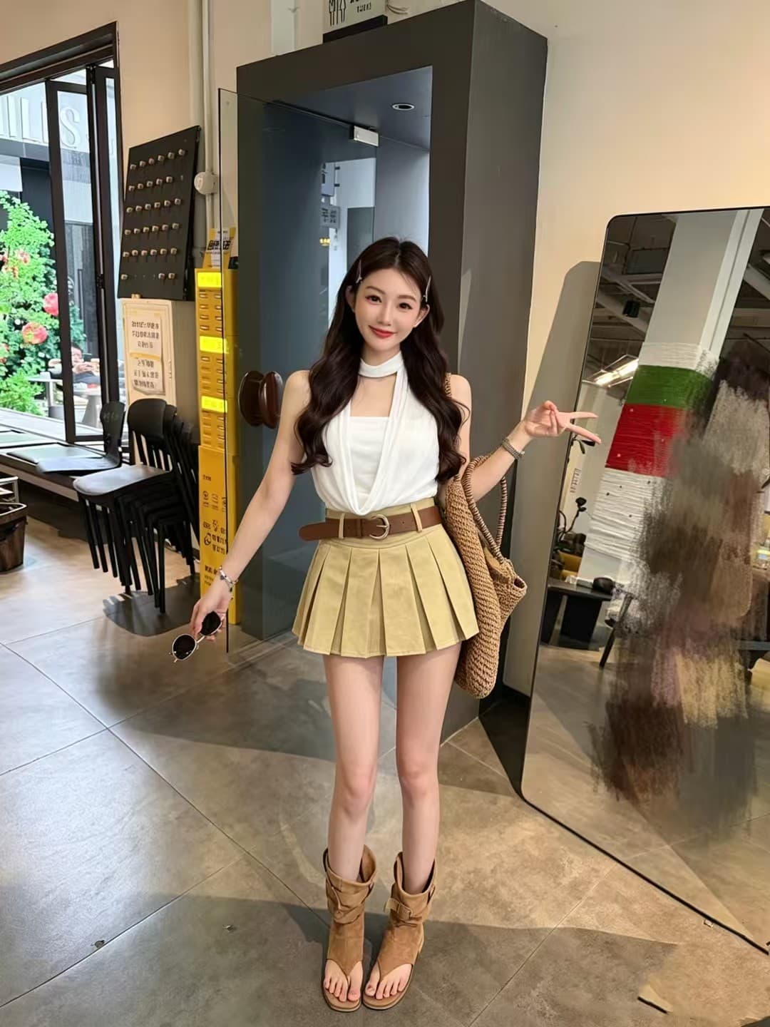 한 부서 순수한 욕망 핫걸 흔들다 칼라 행침 목 맨위 몸매 가꾸기 플리츠 치마 세트 벨트 포함 이미지 3