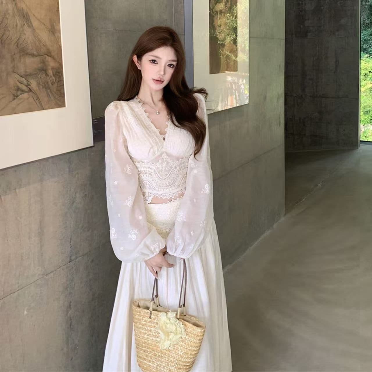 프랑스식 낭만주의 바람 레이스 투피스 세트 봄 무거운 작업 품격 긴팔 맨위 반신 스커트 우아함 고급 센스 세트 상세 이미지 4