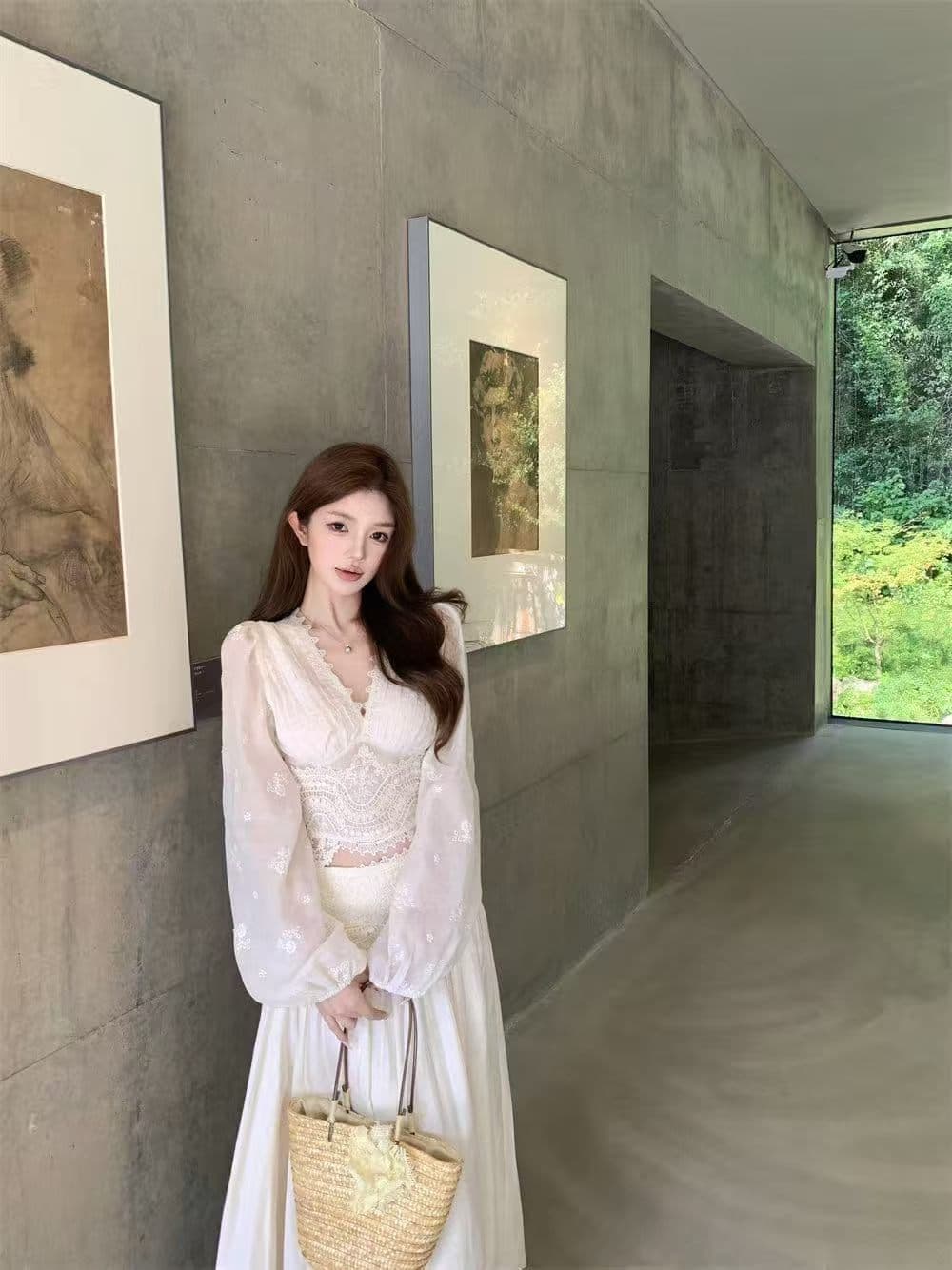 프랑스식 낭만주의 바람 레이스 투피스 세트 봄 무거운 작업 품격 긴팔 맨위 반신 스커트 우아함 고급 센스 세트 상세 이미지 7