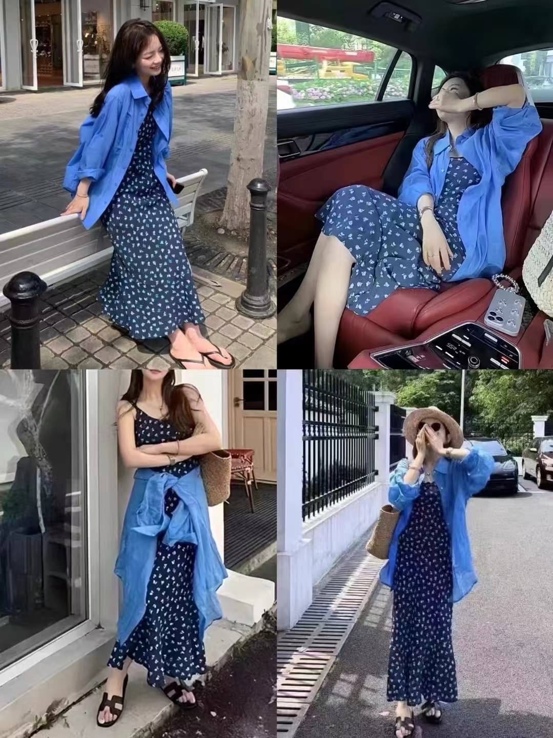 파란색 아마 긴팔 셔츠 휴가 바람 꽃무늬 슬립 드레스 두 조각 여성 세트 여름 느긋한 바람 패션 세트 상세 이미지 6