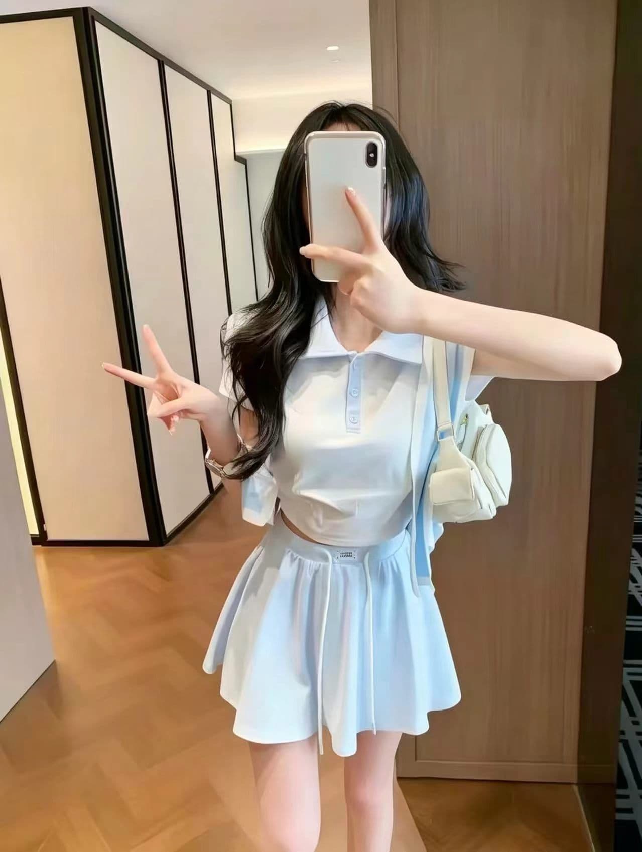 여름 새로운 폴로 칼라 반팔 배색 POLO 셔츠 벨트 숄 플러스 반신 미니 스커트 패션 한 부서 학원 스타일 세트 이미지 4