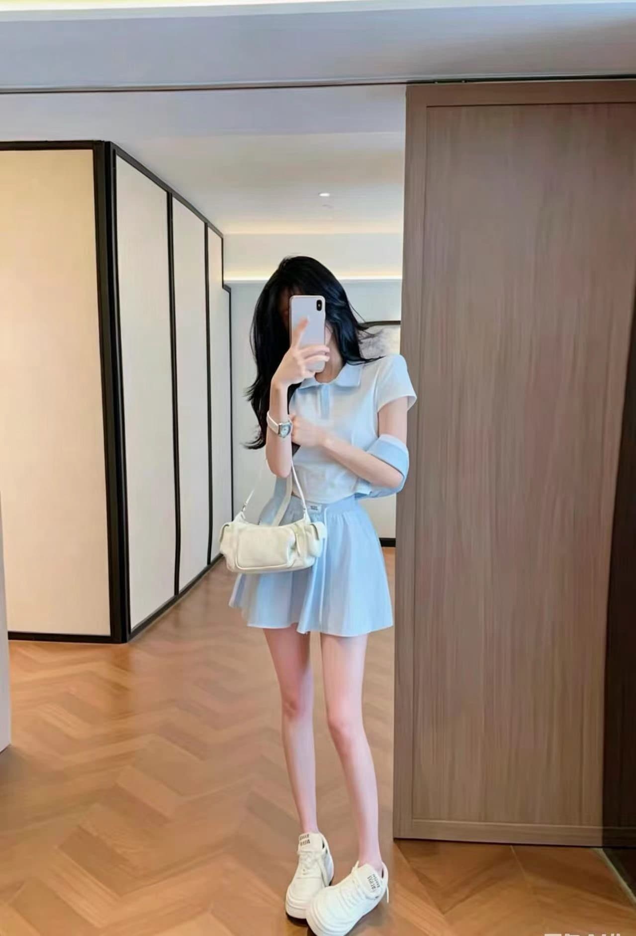 여름 새로운 폴로 칼라 반팔 배색 POLO 셔츠 벨트 숄 플러스 반신 미니 스커트 패션 한 부서 학원 스타일 세트 상세 이미지 5