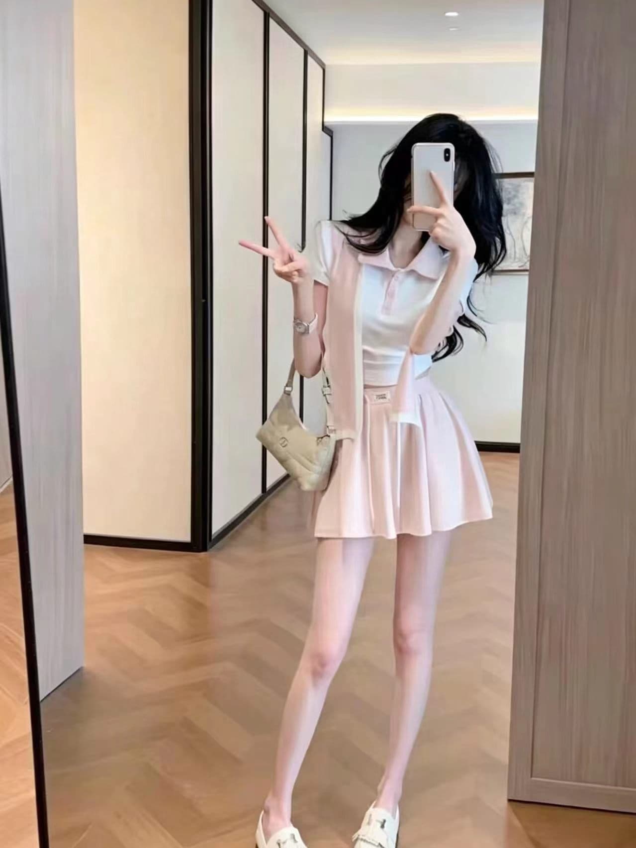 여름 새로운 폴로 칼라 반팔 배색 POLO 셔츠 벨트 숄 플러스 반신 미니 스커트 패션 한 부서 학원 스타일 세트 상세 이미지 7