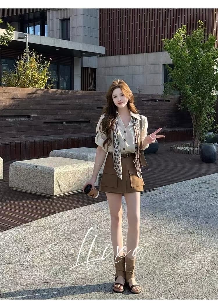 여름 새로운 디자인 센스 폴로 칼라 셔츠 코디 하이웨이스트 워크웨어 반바지 세트 이미지 2