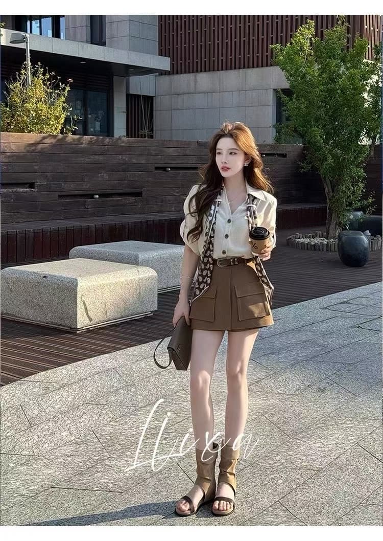 여름 새로운 디자인 센스 폴로 칼라 셔츠 코디 하이웨이스트 워크웨어 반바지 세트 상세 이미지 1