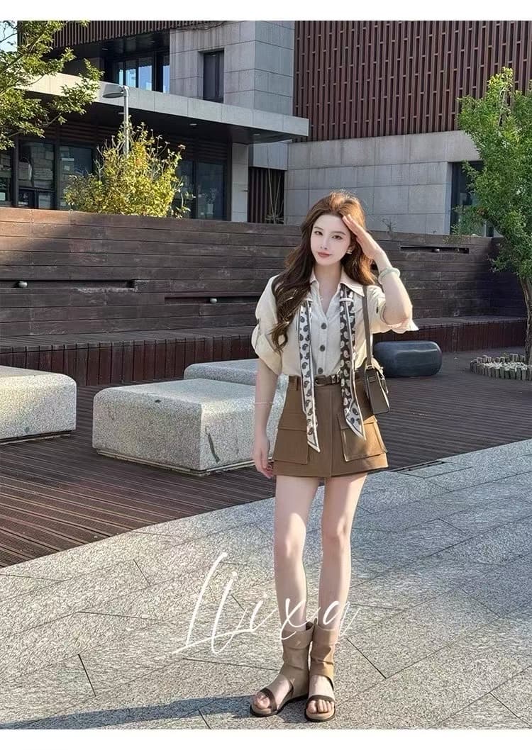 여름 새로운 디자인 센스 폴로 칼라 셔츠 코디 하이웨이스트 워크웨어 반바지 세트 상세 이미지 2