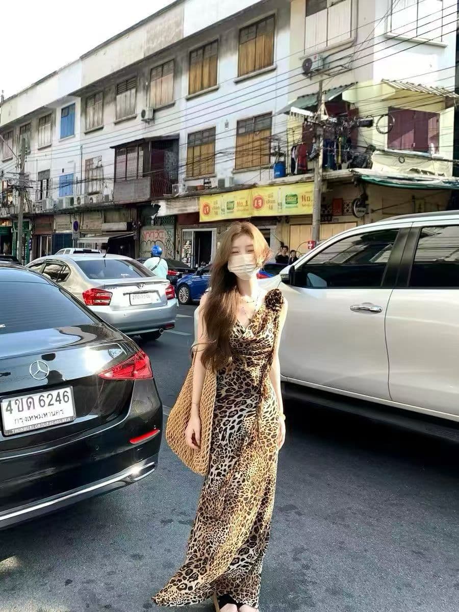 고급 센스 새틴 명문 여성 V넥 행침 목 아름다운 자이언트 잘 생긴 섹시함 백리스 슬림해 보이는 레오파드 무늬 예복 드레스 이미지 3