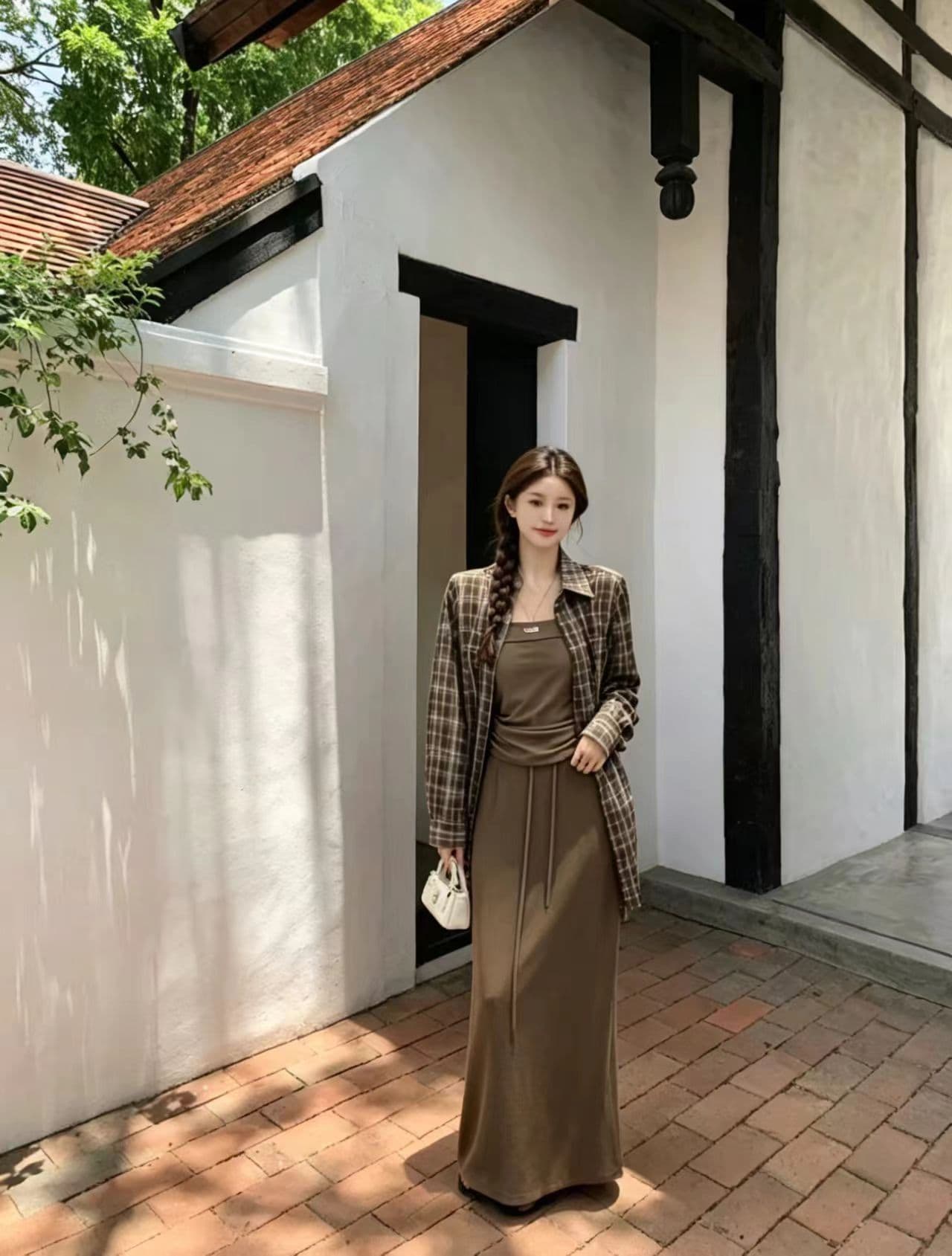 한국 스타일 캐주얼 착용 가져 가라. 세 조각 여성 세트 품격 슬림해 보이는 튜브탑 조끼 반신 스커트 격자 무늬 셔츠 패션 세트 상세 이미지 6