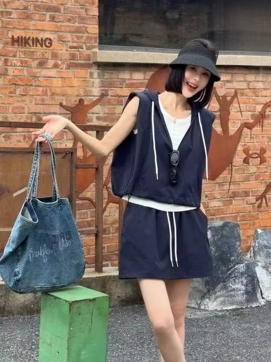 새로운 연령 감소 품격 고급 센스 속도 건조한 후드 민소매 맨위 조끼 허리밴드 미니 스커트 3 세트 이미지 2