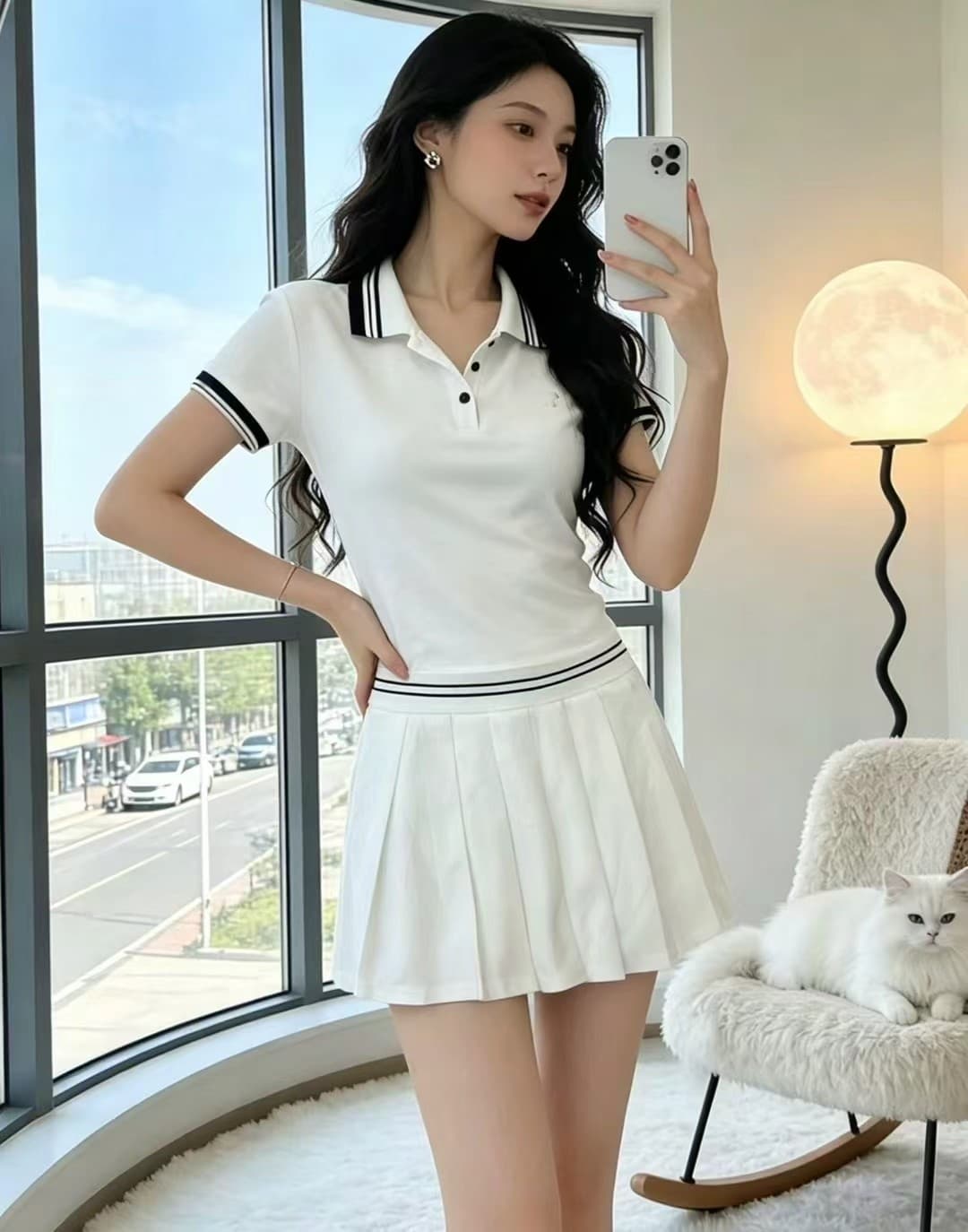 학원 스타일 POLO 칼라 배색 세트 여성 여름 반팔 티셔츠 플리츠 스커트 연령 감소 슬림해 보이는 투피스 세트 이미지 4