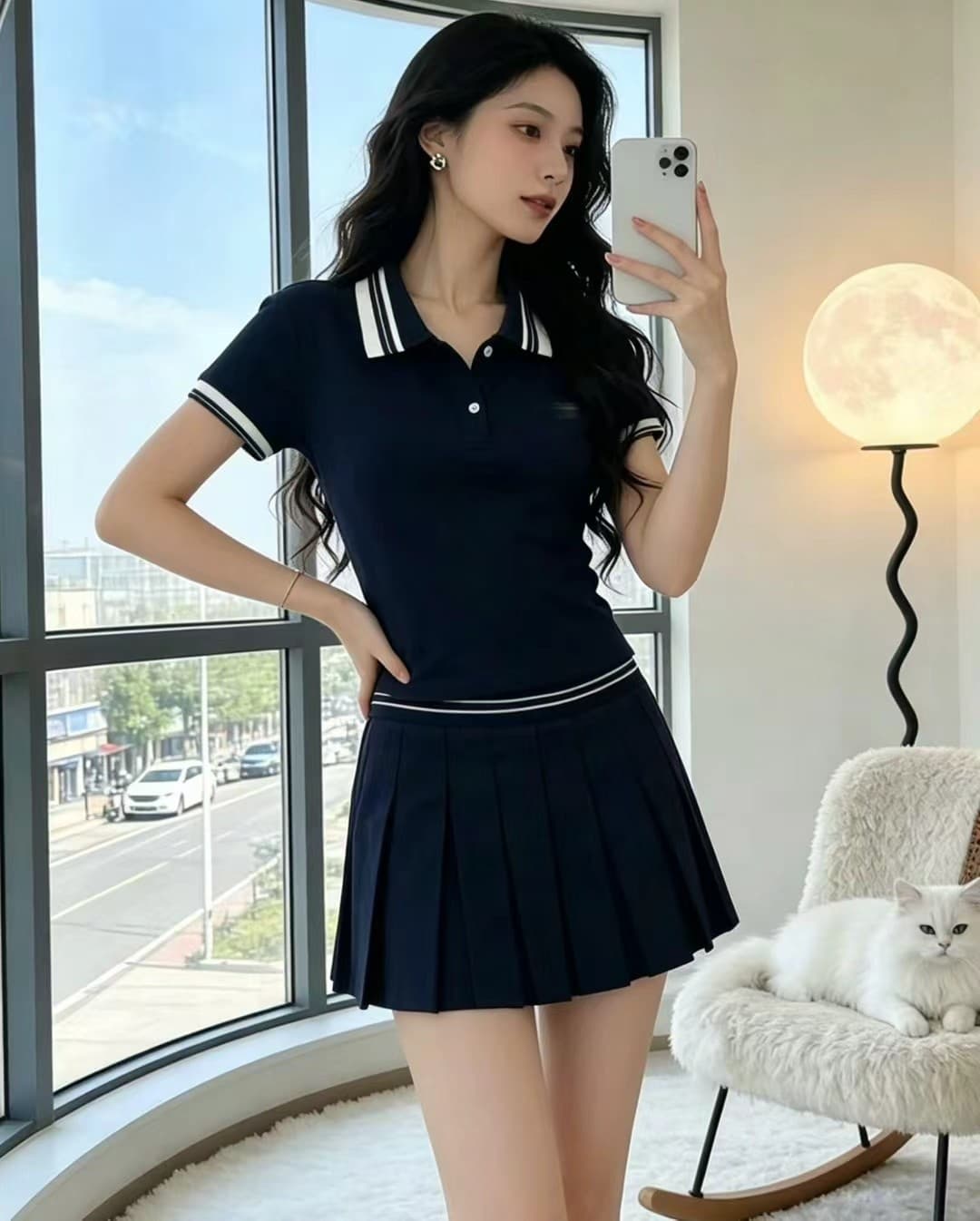 학원 스타일 POLO 칼라 배색 세트 여성 여름 반팔 티셔츠 플리츠 스커트 연령 감소 슬림해 보이는 투피스 세트 상세 이미지 4