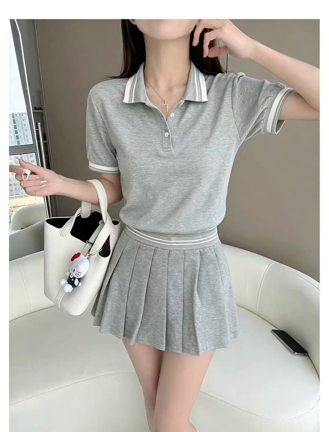 학원 스타일 POLO 칼라 배색 세트 여성 여름 반팔 티셔츠 플리츠 스커트 연령 감소 슬림해 보이는 투피스 세트 상세 이미지 8