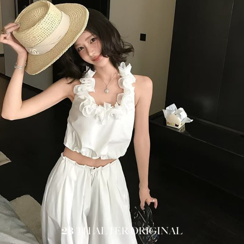 화이트 레이스 행침 목 튜브탑 수 있습니다. 조정 랜턴 자외선 차단 넓은 다리 길이 바지 세트 이미지 5